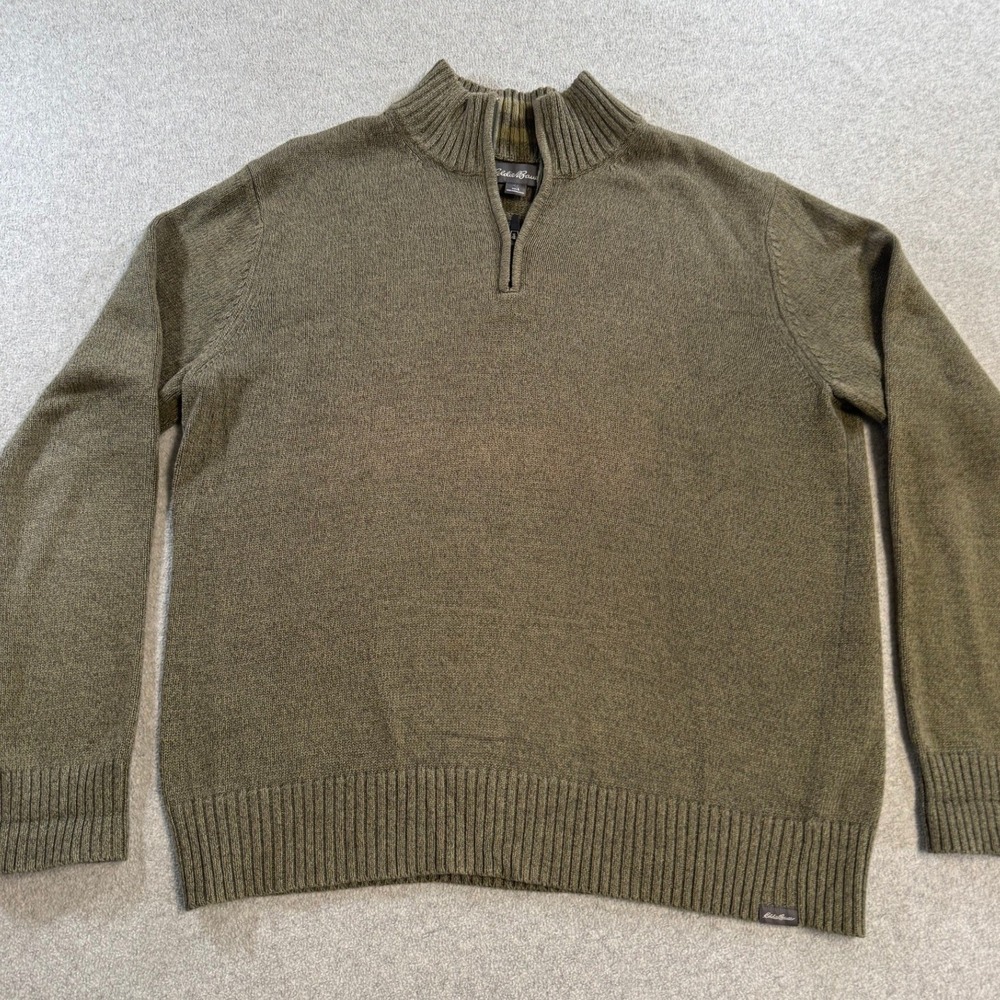Eddie Bauer Quarter Zip Sweater Mens Large Olive Green Excellent Ribbed Knit